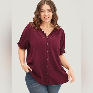 Bloomchic Laser Cut V-Neck Blouse Burgundy